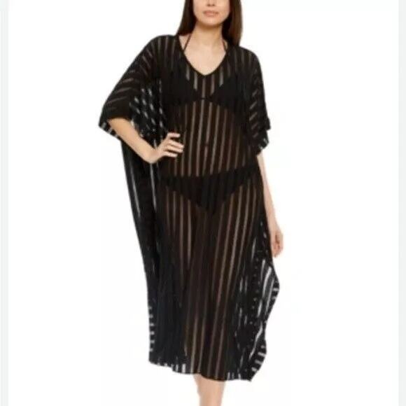 Calvin Klein Striped Maxi Caftan Cover-Up Black ONE SIZE - Picture 1 of 6